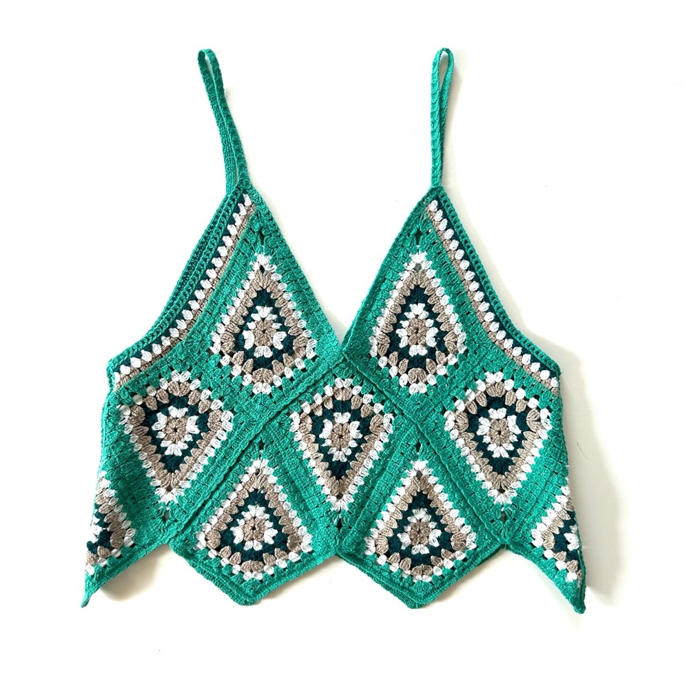 Boho Turquoise Green Crochet Knit Granny Square Sweater Crop Tank Top